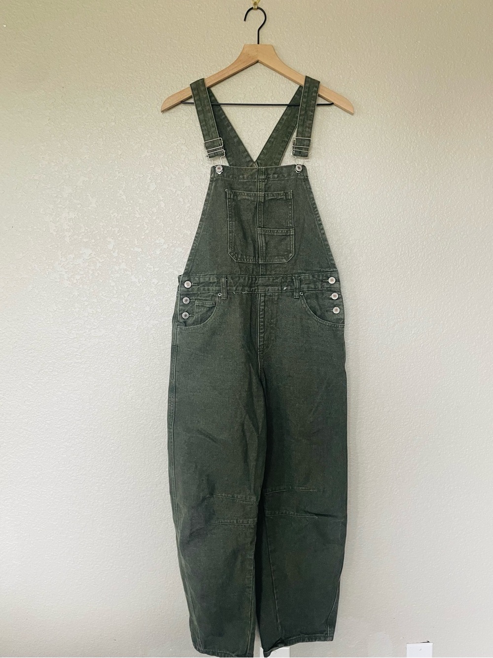 Green Denim Barrel Leg Overalls